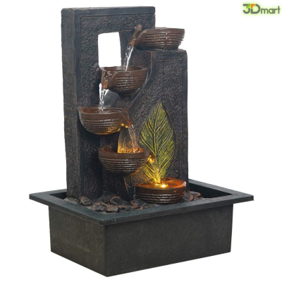 Table Top Black 4 Diya Steps & Green Leaf Design Indoor Waterfall Fountain With LED Lights & Speed Controller Pump.jpg